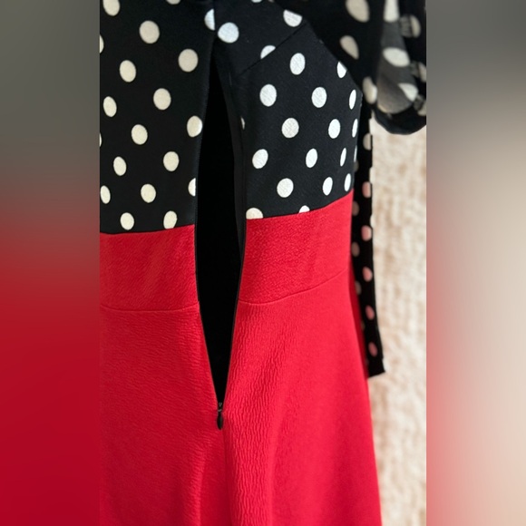 Ranphee- Retro, Polka dot black and white dress with red skirt. Ruffle Sleeve. - Picture 2 of 9